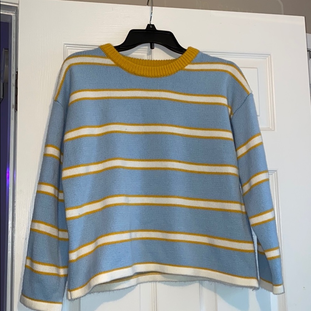 blue yellow white striped comfy sweater